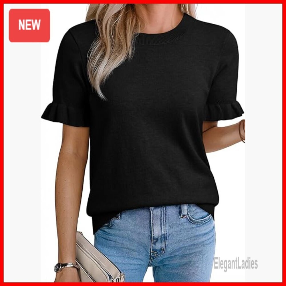 Wool Blend Puff Sleeve Crewneck Knit Top Slim Fit Summer Sweater